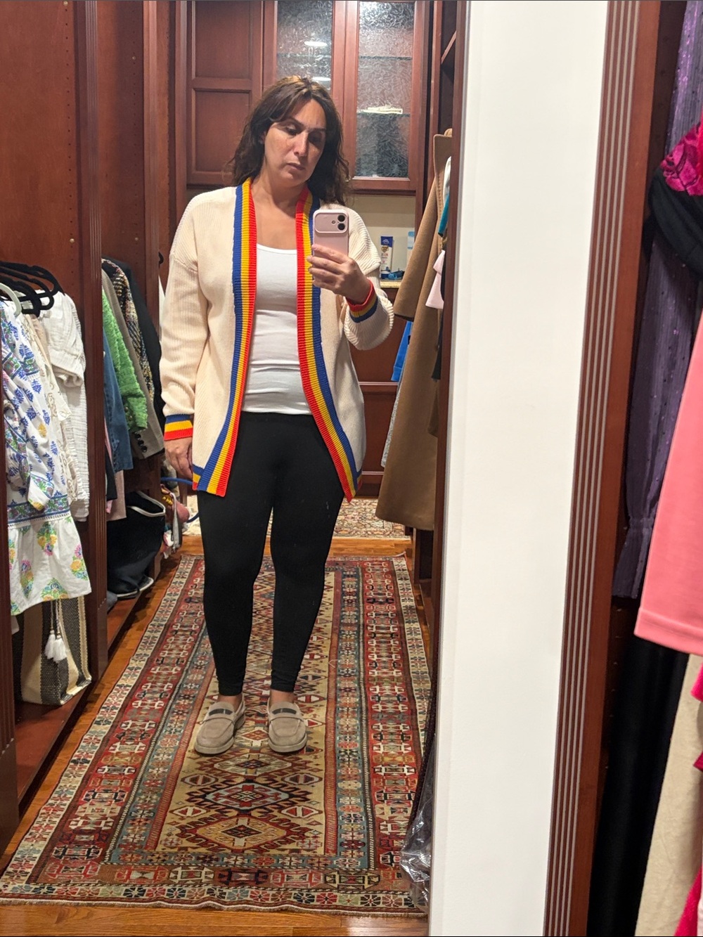 Central Park West Cream Cardigan with Red-Yellow-Blue Trim